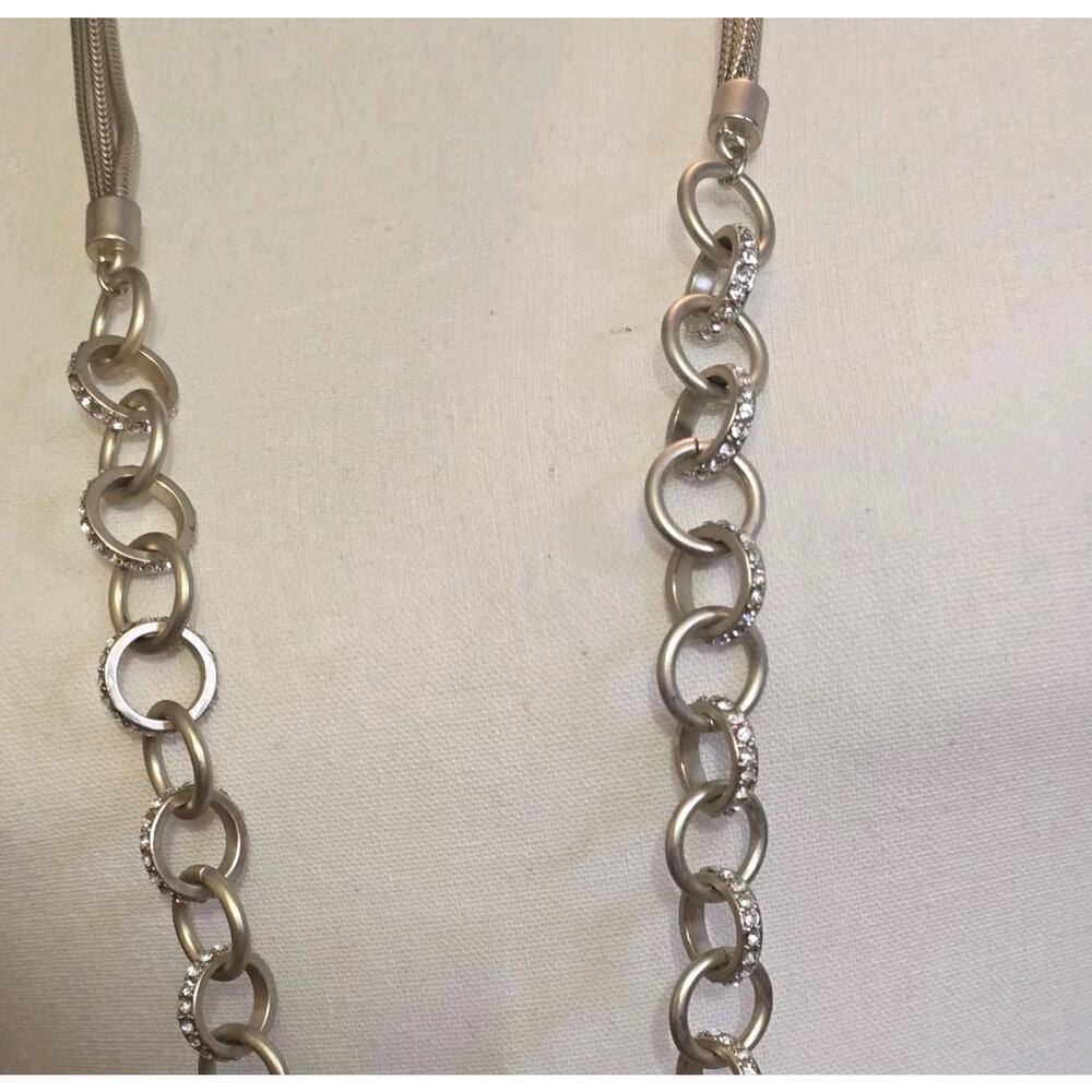 Link Chain Chico's Necklace Interlocked Circle Rhinestones Matte Gold Tone 40" L - Picture 3 of 10